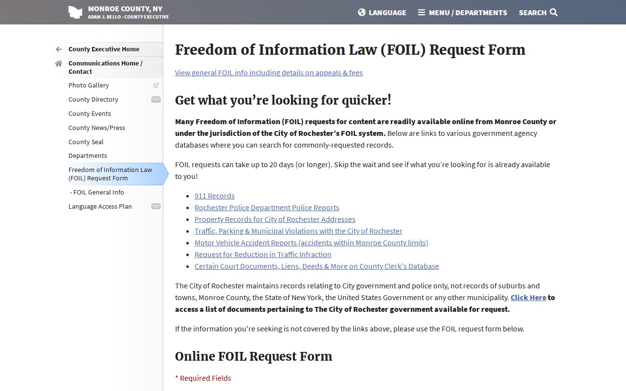 Monroe County criminal record online FOIL request form