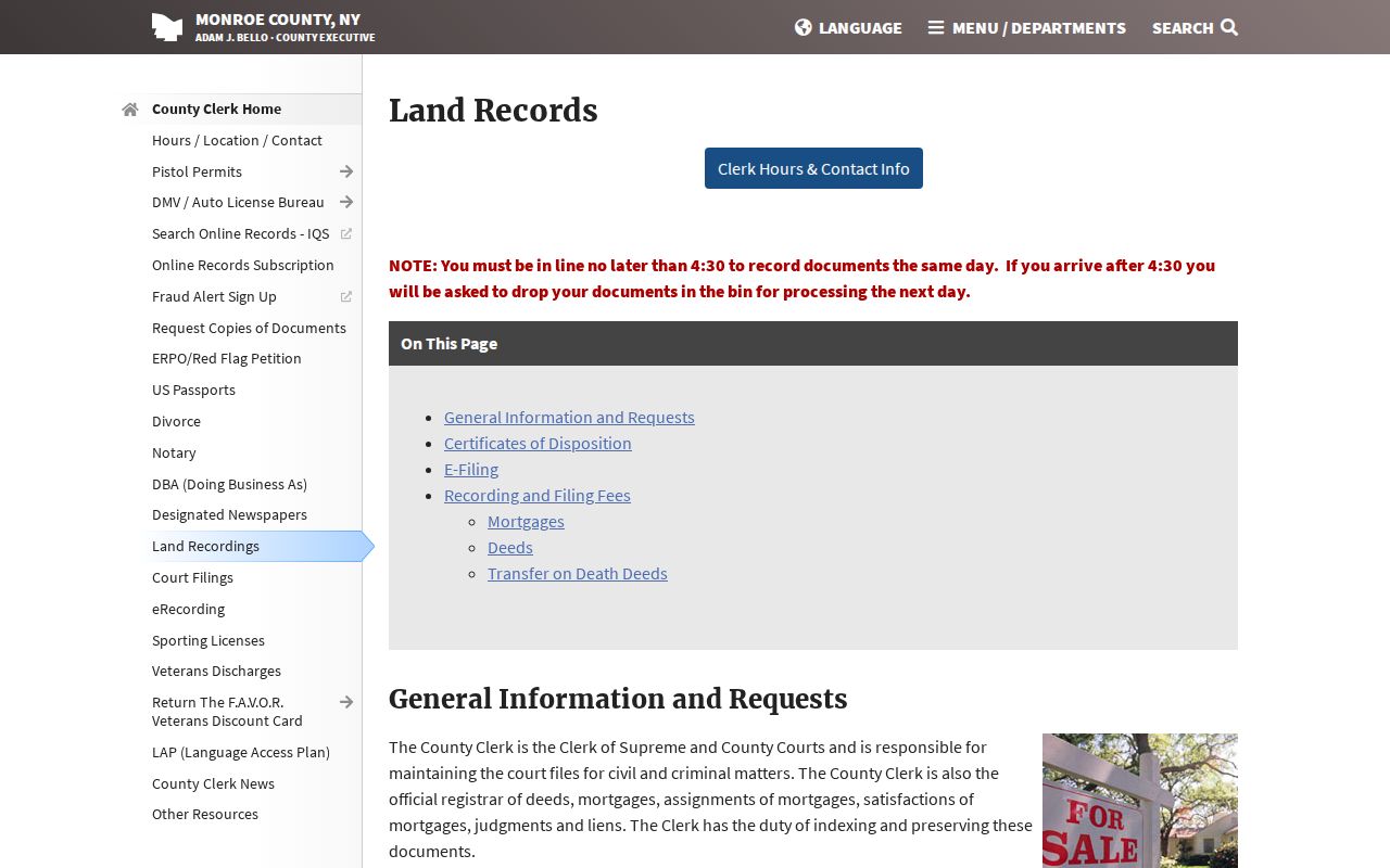 Monroe County criminal court case files and County Clerk copy fees